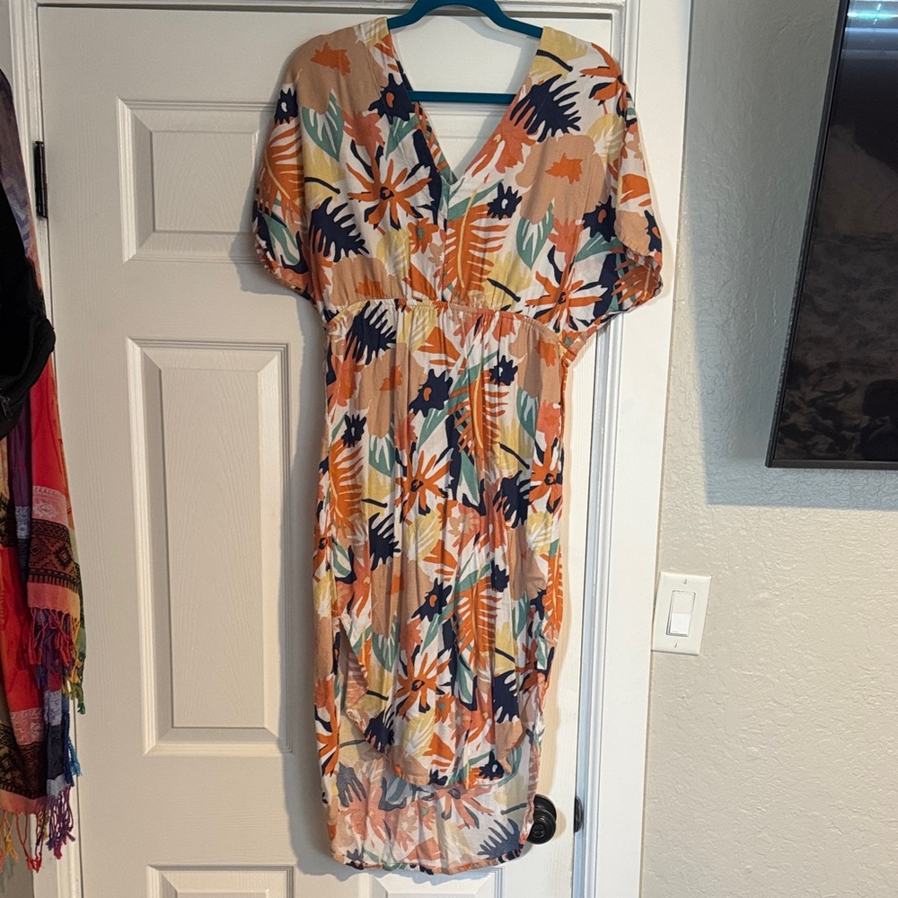 Roxy Tropical Floral V-Neck Midi Dress — Orange, Navy, Cream